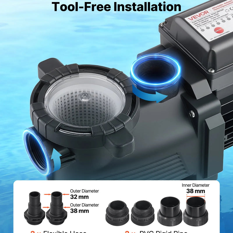 VEVOR baseina sūknis 550 W, līdz 14 000 l/h, 220–240 V, 3450 apgr./min, 12 m pacēlums, ar 24 h taimeri un filtra grozu, virszemes un iegremdētiem baseiniem, spa