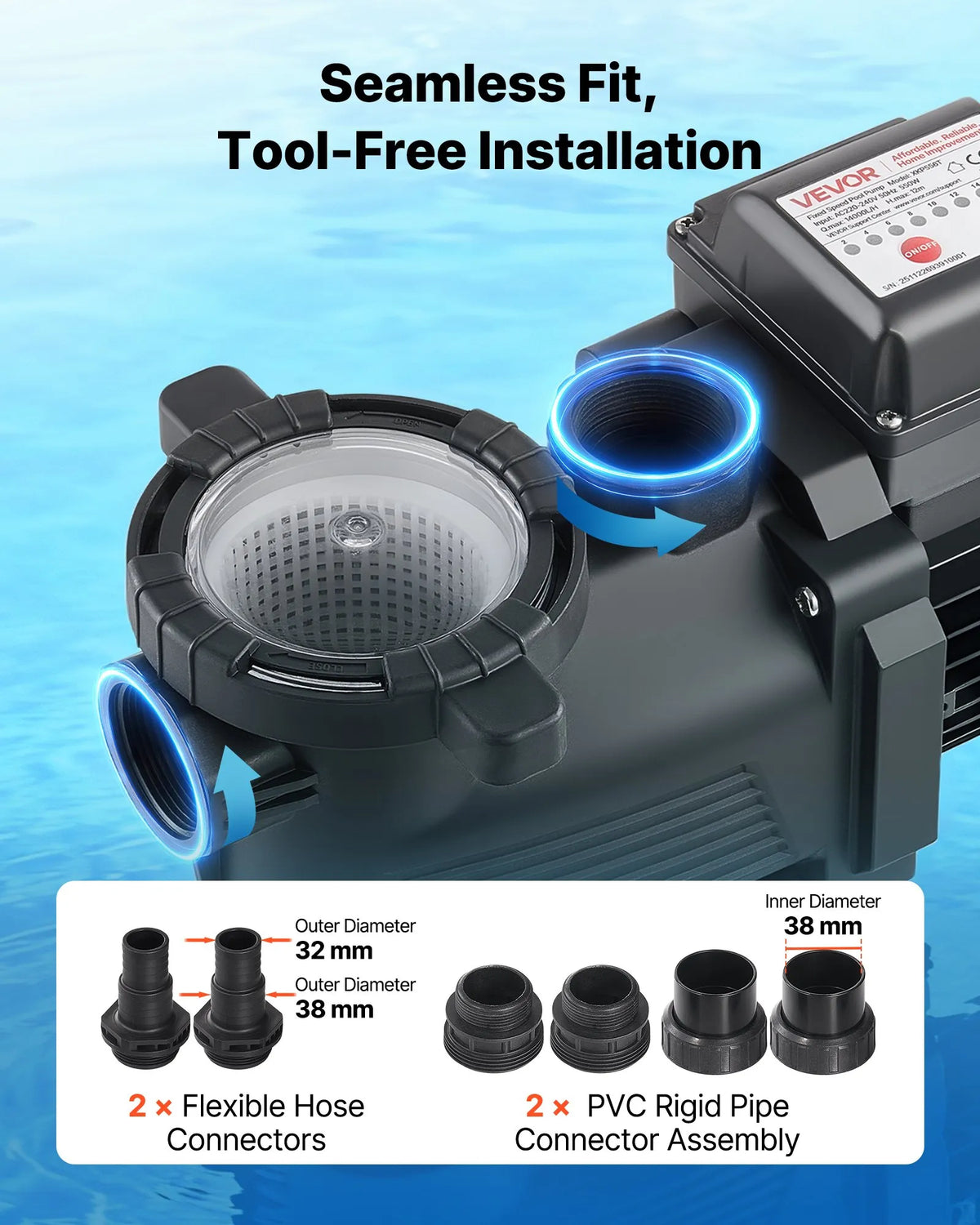 VEVOR Pool Pump 550 W, up to 14,000 l/h, 220–240 V, 3450 rpm, 12 m lift, with 24 h timer and filter basket, above-ground and in-ground pools, spa