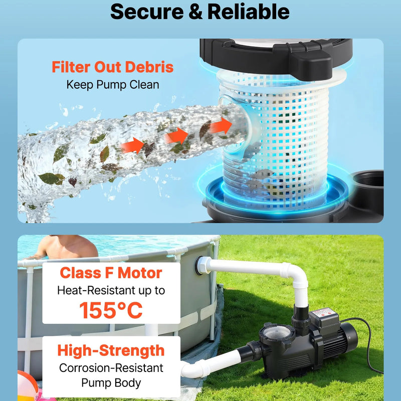 VEVOR baseina sūknis 550 W, līdz 14 000 l/h, 220–240 V, 3450 apgr./min, 12 m pacēlums, ar 24 h taimeri un filtra grozu, virszemes un iegremdētiem baseiniem, spa