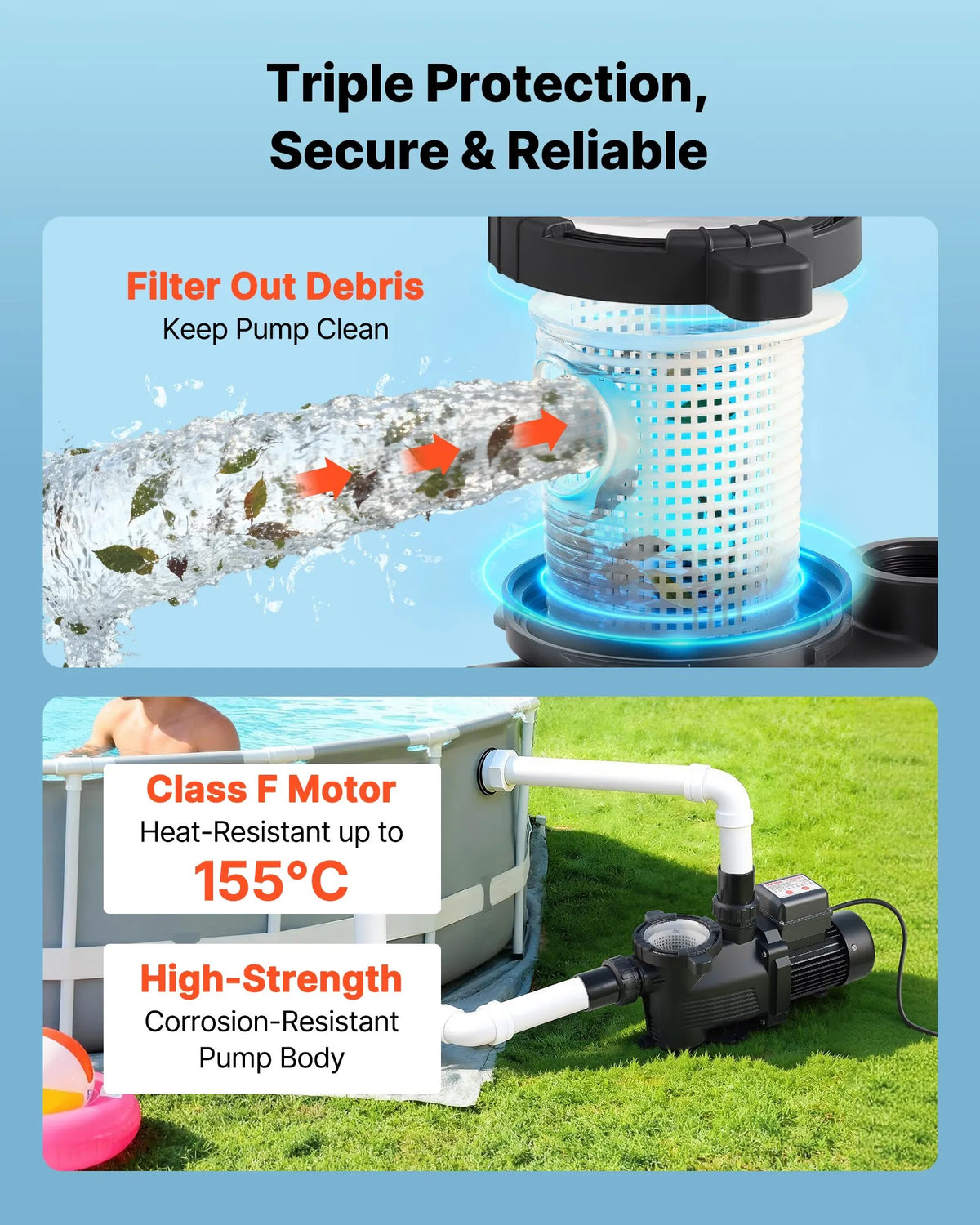 VEVOR Pool Pump 550 W, up to 14,000 l/h, 220–240 V, 3450 rpm, 12 m lift, with 24 h timer and filter basket, above-ground and in-ground pools, spa