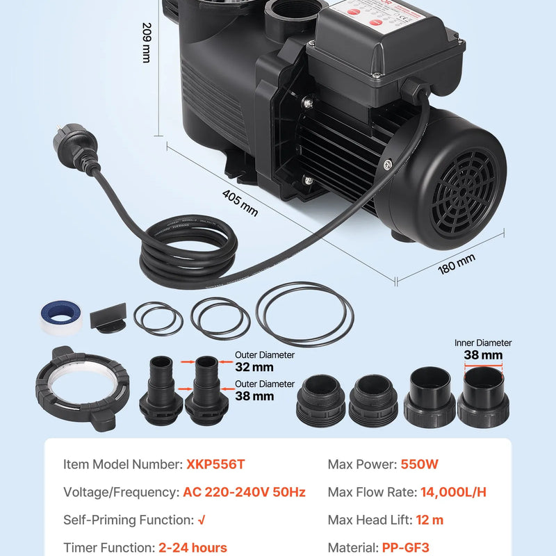 VEVOR baseina sūknis 550 W, līdz 14 000 l/h, 220–240 V, 3450 apgr./min, 12 m pacēlums, ar 24 h taimeri un filtra grozu, virszemes un iegremdētiem baseiniem, spa