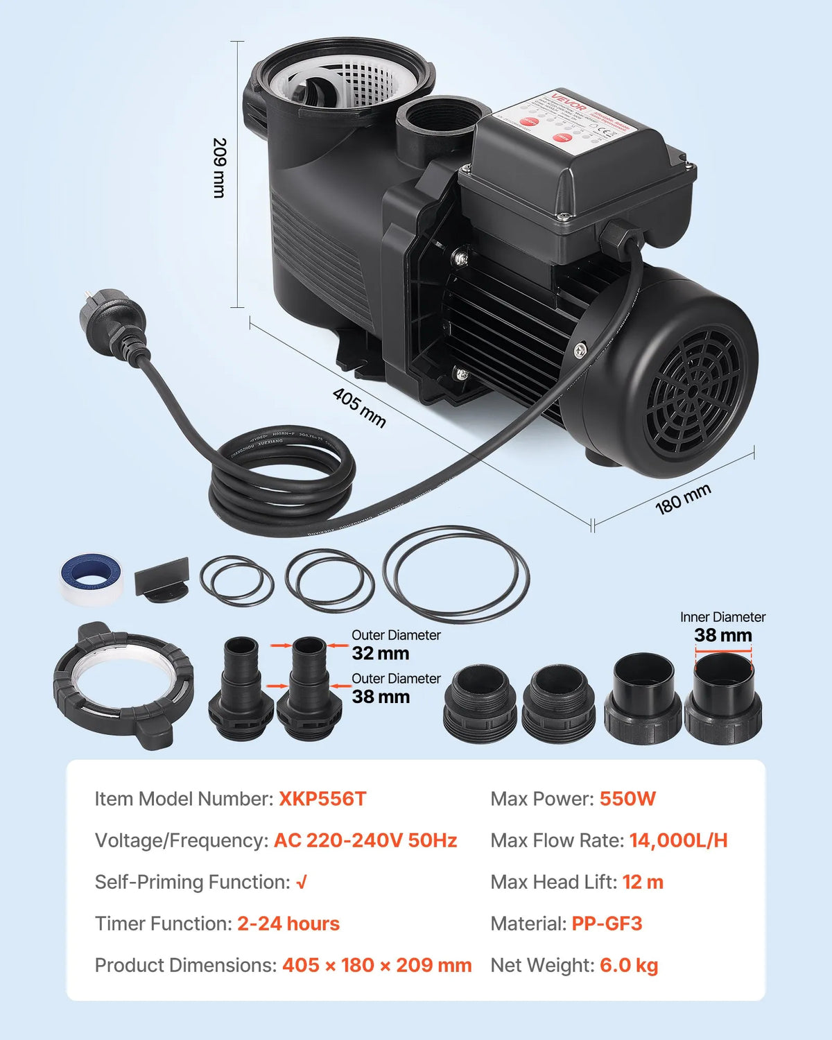 VEVOR Pool Pump 550 W, up to 14,000 l/h, 220–240 V, 3450 rpm, 12 m lift, with 24 h timer and filter basket, above-ground and in-ground pools, spa