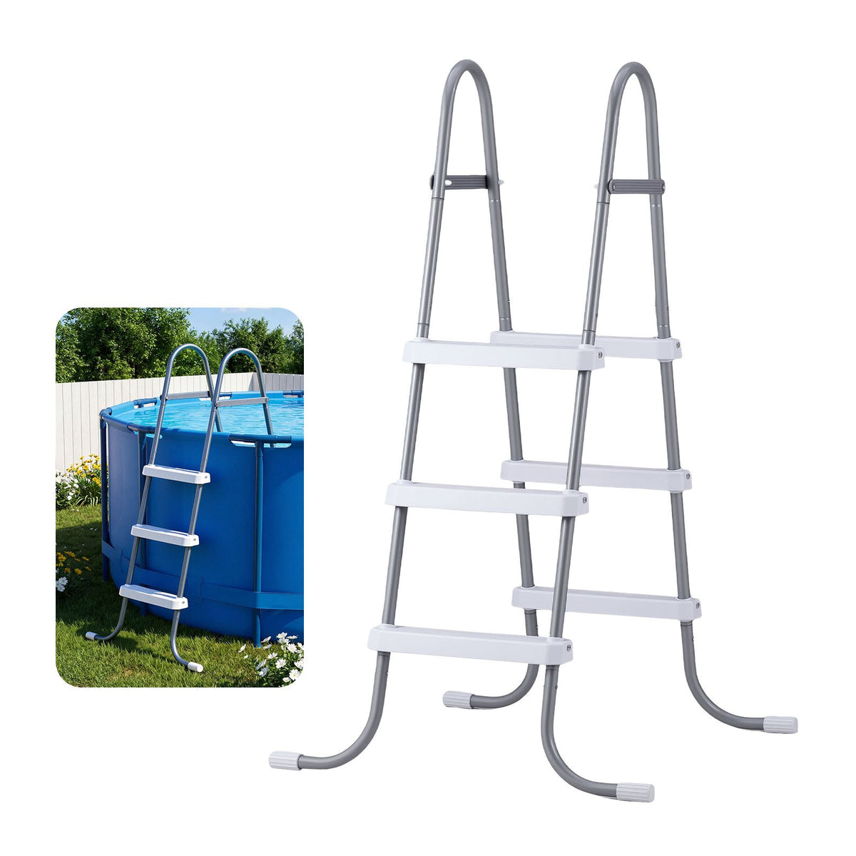 VEVOR virszemes baseina kāpnes ar 3 pakāpieniem, tērauda A veida rāmis, piemērotas baseiniem līdz 106,7 cm sienas augstumam, nestspēja līdz 136 kg, neslīdoši plati pakāpieni drošai iekļūšanai un izkļūšanai, viegla uzstādīšana, pelēka un balta krāsa - ZEMLETES.LV