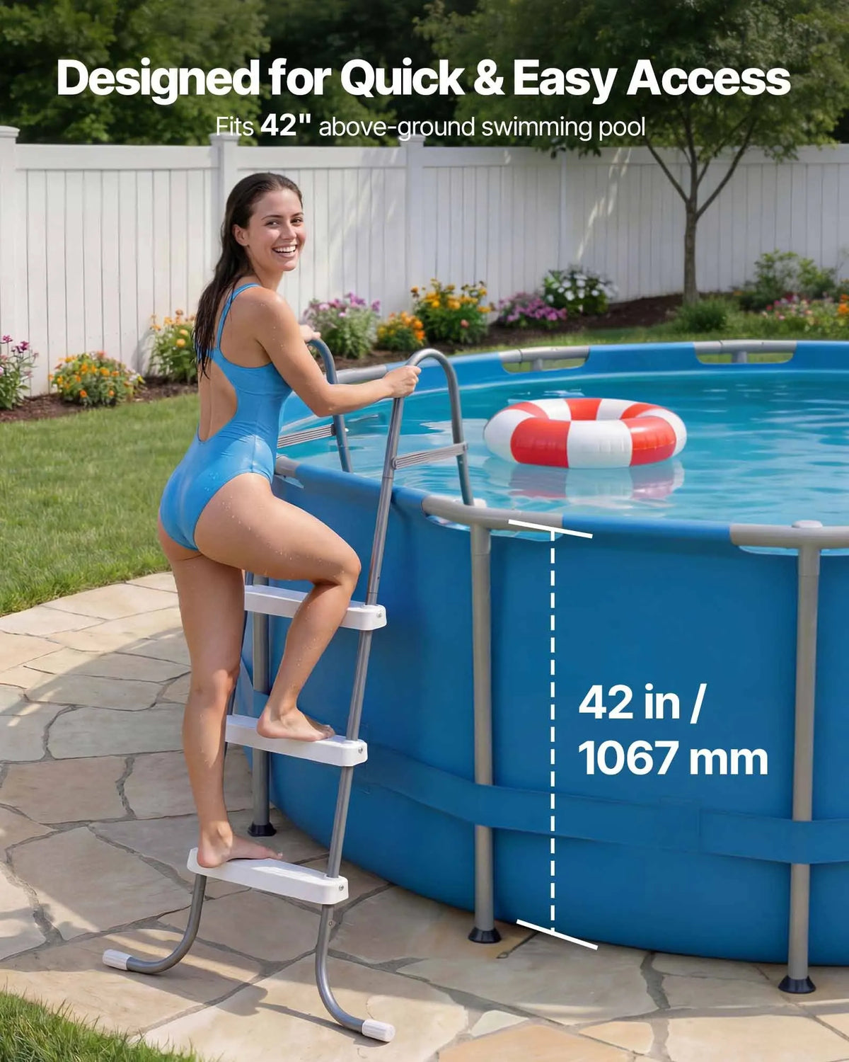 VEVOR virszemes baseina kāpnes ar 3 pakāpieniem, tērauda A veida rāmis, piemērotas baseiniem līdz 106,7 cm sienas augstumam, nestspēja līdz 136 kg, neslīdoši plati pakāpieni drošai iekļūšanai un izkļūšanai, viegla uzstādīšana, pelēka un balta krāsa - ZEMLETES.LV