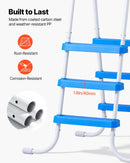 VEVOR virszemes baseina kāpnes ar 3 pakāpieniem, tērauda A veida rāmis, piemērotas baseiniem līdz 91,4 cm sienas augstumam, nestspēja līdz 136 kg, neslīdoši plati pakāpieni drošai iekļūšanai un izkļūšanai, viegla uzstādīšana, balta un zila krāsa