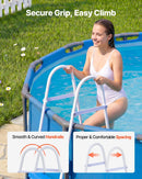 VEVOR virszemes baseina kāpnes ar 3 pakāpieniem, tērauda A veida rāmis, piemērotas baseiniem līdz 91,4 cm sienas augstumam, nestspēja līdz 136 kg, neslīdoši plati pakāpieni drošai iekļūšanai un izkļūšanai, viegla uzstādīšana, balta un zila krāsa