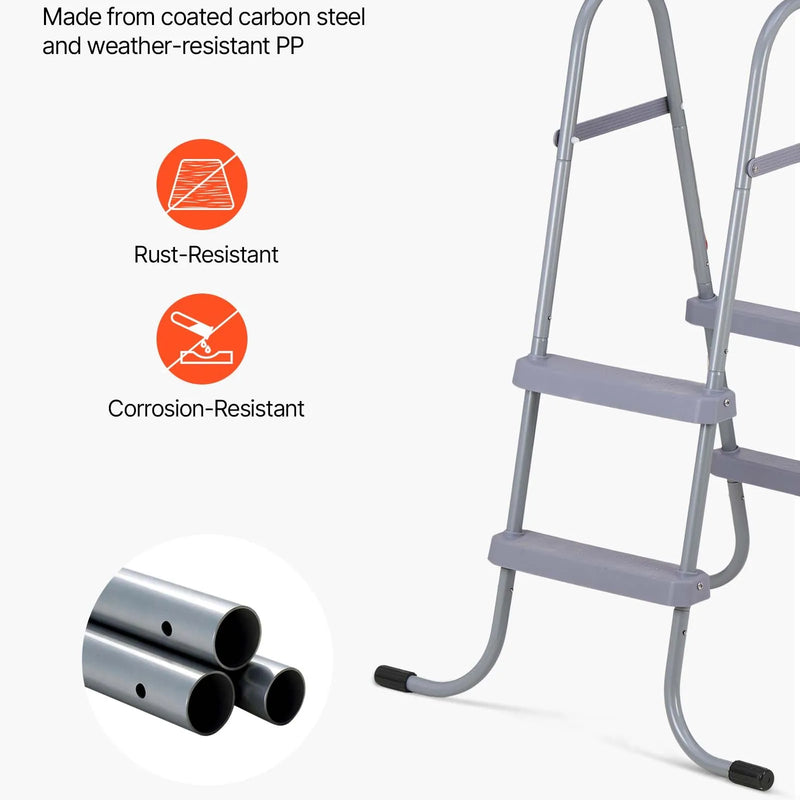 VEVOR virszemes baseina kāpnes ar 2 pakāpieniem, tērauda A veida rāmis, piemērotas baseiniem līdz 83,8 cm sienas augstumam, nestspēja līdz 136 kg, neslīdoši plati pakāpieni drošai iekļūšanai un izkļūšanai, viegla uzstādīšana, pelēka krāsa