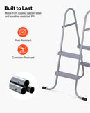VEVOR virszemes baseina kāpnes ar 2 pakāpieniem, tērauda A veida rāmis, piemērotas baseiniem līdz 83,8 cm sienas augstumam, nestspēja līdz 136 kg, neslīdoši plati pakāpieni drošai iekļūšanai un izkļūšanai, viegla uzstādīšana, pelēka krāsa