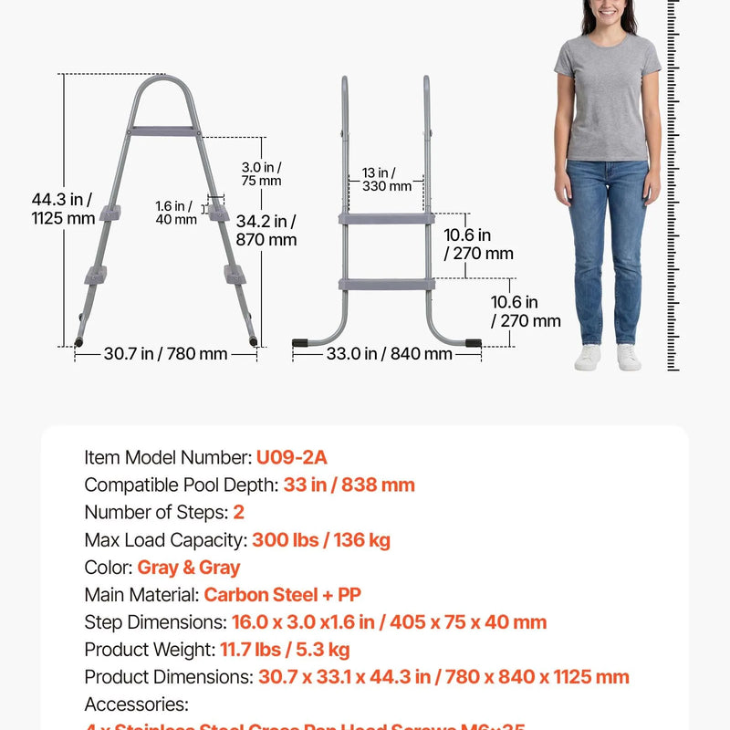 VEVOR virszemes baseina kāpnes ar 2 pakāpieniem, tērauda A veida rāmis, piemērotas baseiniem līdz 83,8 cm sienas augstumam, nestspēja līdz 136 kg, neslīdoši plati pakāpieni drošai iekļūšanai un izkļūšanai, viegla uzstādīšana, pelēka krāsa