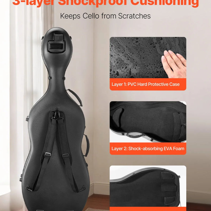 VEVOR 4/4 čella futrālis, kompozītmateriāla oglekļa šķiedra, viegls pārnēsājams ceļojumu koferis ar plīša oderi, divām plecu siksnām, pret skrāpējumiem izturīgs, profesionālas čella formas, melns