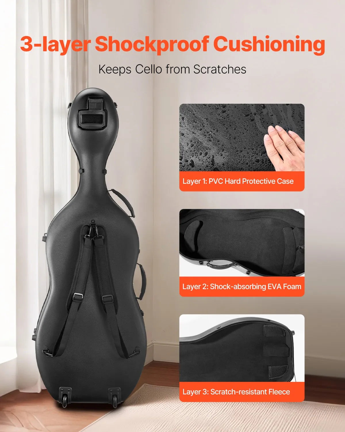 VEVOR Cello 4/4 Case, Carbon Fibre Composite with Plush Lining and 2 Shoulder Straps, Black