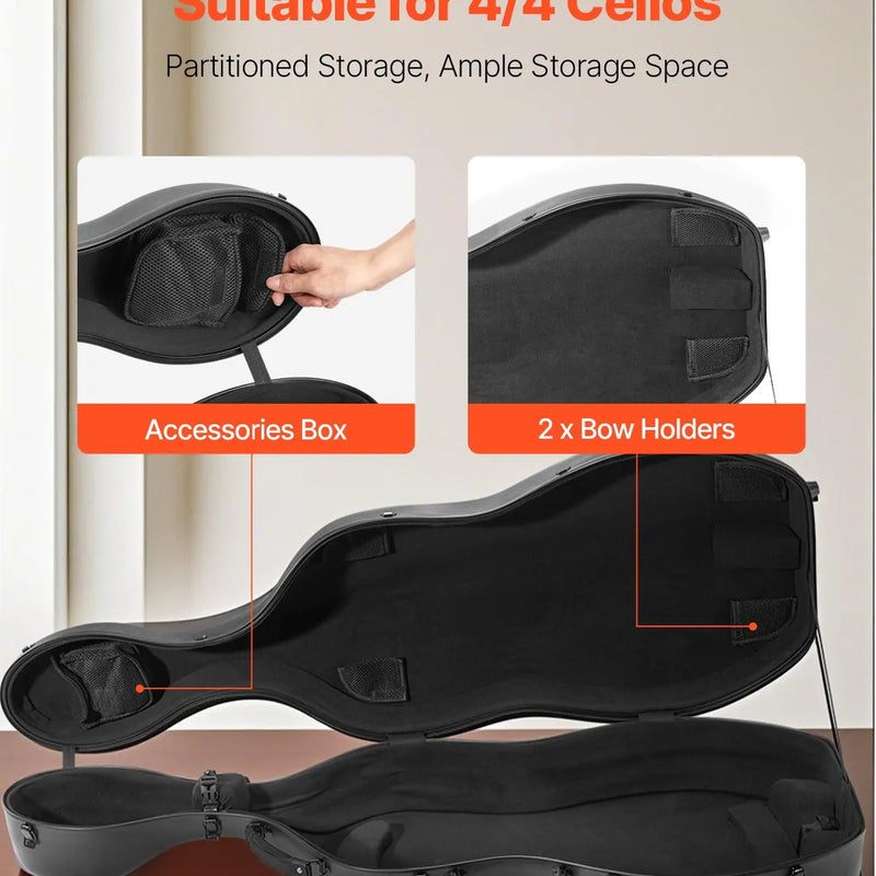 VEVOR 4/4 čella futrālis, kompozītmateriāla oglekļa šķiedra, viegls pārnēsājams ceļojumu koferis ar plīša oderi, divām plecu siksnām, pret skrāpējumiem izturīgs, profesionālas čella formas, melns