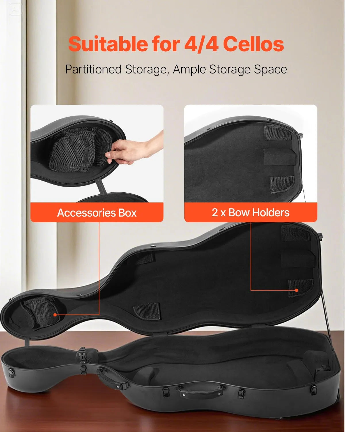 VEVOR Cello 4/4 Case, Carbon Fibre Composite with Plush Lining and 2 Shoulder Straps, Black