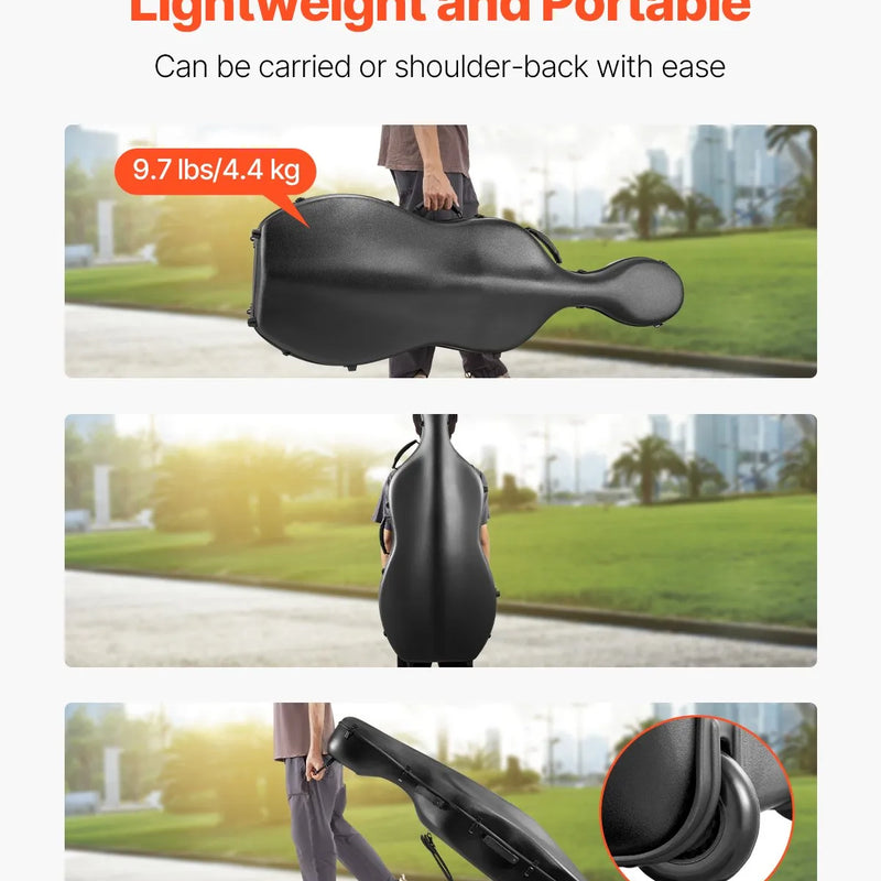 VEVOR 4/4 čella futrālis, kompozītmateriāla oglekļa šķiedra, viegls pārnēsājams ceļojumu koferis ar plīša oderi, divām plecu siksnām, pret skrāpējumiem izturīgs, profesionālas čella formas, melns