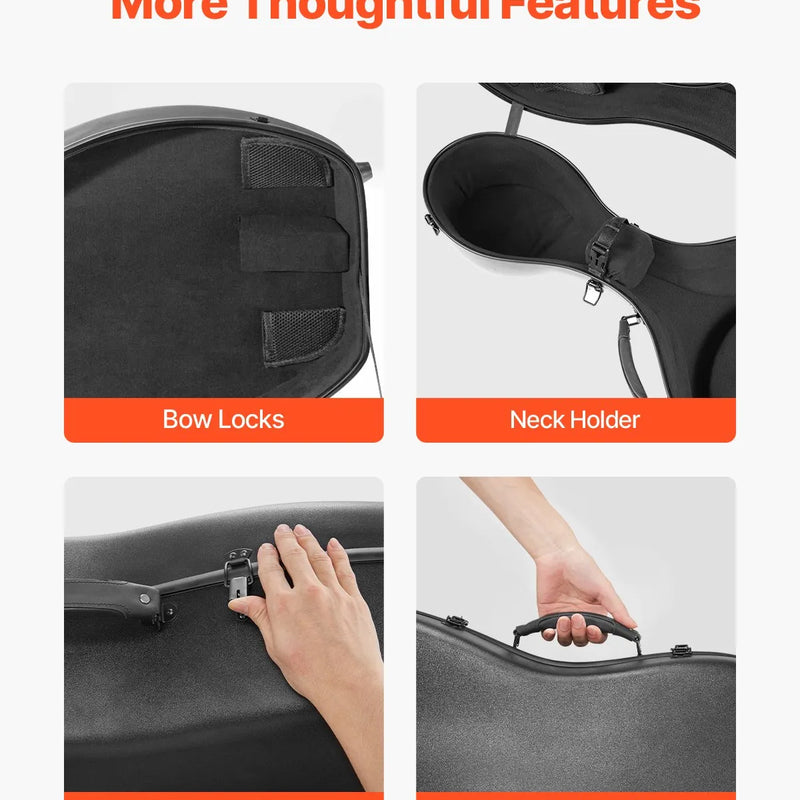 VEVOR 4/4 čella futrālis, kompozītmateriāla oglekļa šķiedra, viegls pārnēsājams ceļojumu koferis ar plīša oderi, divām plecu siksnām, pret skrāpējumiem izturīgs, profesionālas čella formas, melns