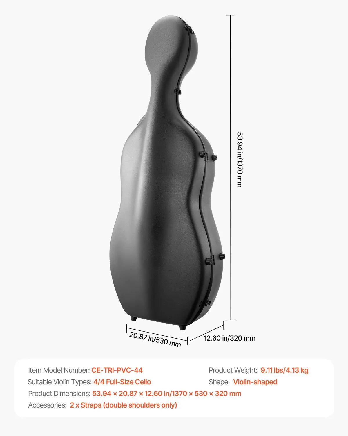 VEVOR Cello 4/4 Case, Carbon Fibre Composite with Plush Lining and 2 Shoulder Straps, Black