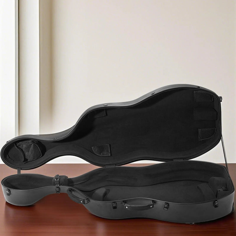VEVOR 4/4 čella futrālis, kompozītmateriāla oglekļa šķiedra, viegls pārnēsājams ceļojumu koferis ar plīša oderi, divām plecu siksnām, pret skrāpējumiem izturīgs, profesionālas čella formas, melns