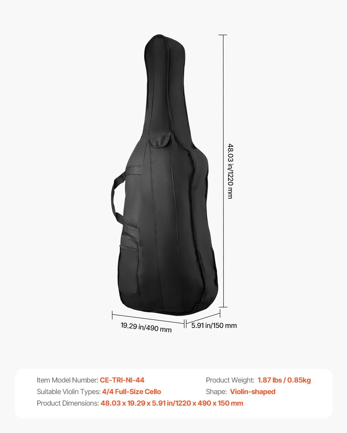 VEVOR Cello 4/4 Bag, Waterproof Nylon with Reinforced Handle and 2 Shoulder Straps, Black