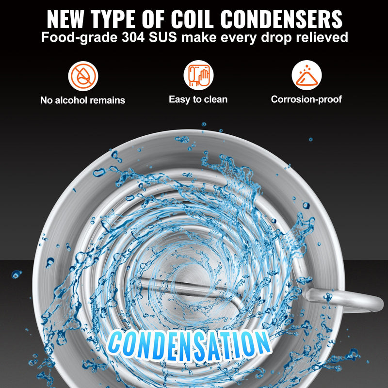 30L 304 nerūsējošā tērauda destilācijas aparāts ar 6 loku spoli un iebūvētu termotera vinometra sūkni, piemērots alkohola destilācijai, ēterisko eļļļu iegūšanai un ūdens attīrīšanai