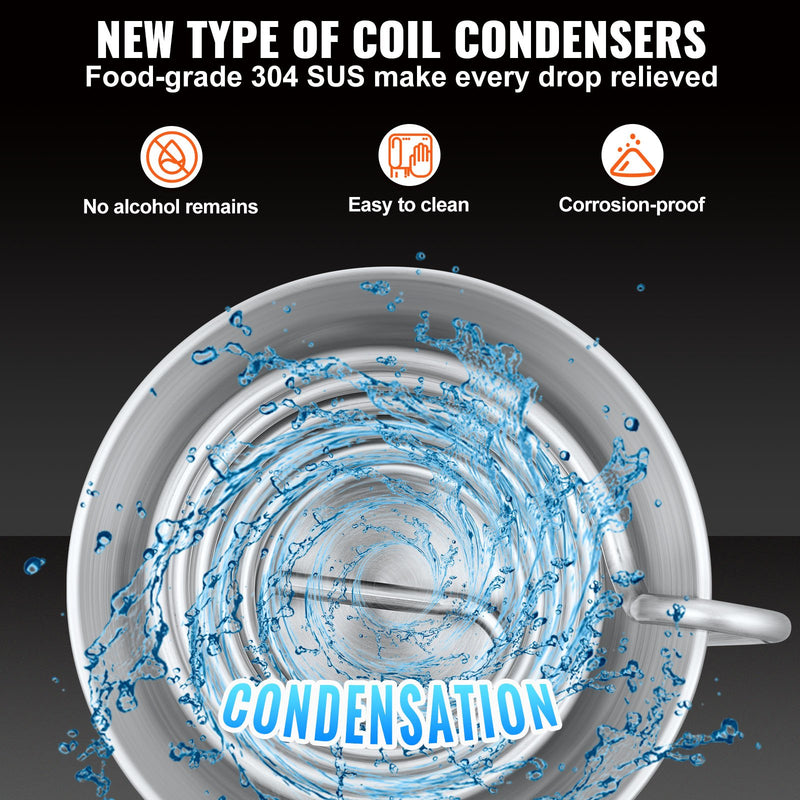 VVEVOR 30L 304 nerūsējošā tērauda destilācijas aparāts ar 6 loku spoli un iebūvētu termotera vinometra sūkni, piemērots alkohola destilācijai, ēterisko eļļu iegūšanai un ūdens attīrīšanai