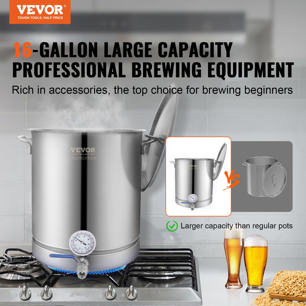 VEVOR Brewing Kettle 60 L with Three-Layer Bottom, Thermometer, Filter and Ball Valve, Stainless Steel