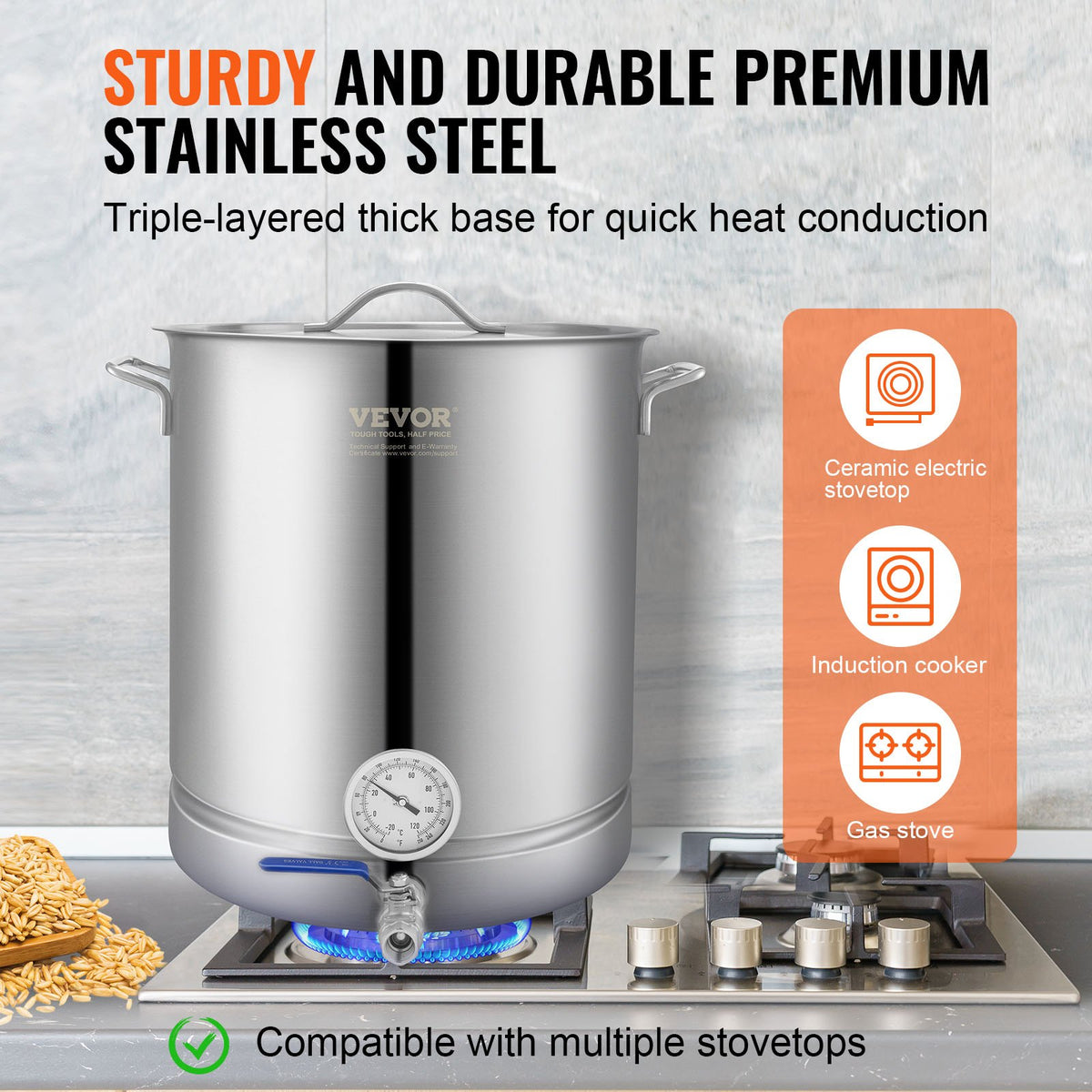 VEVOR Brewing Kettle 60 L with Three-Layer Bottom, Thermometer, Filter and Ball Valve, Stainless Steel