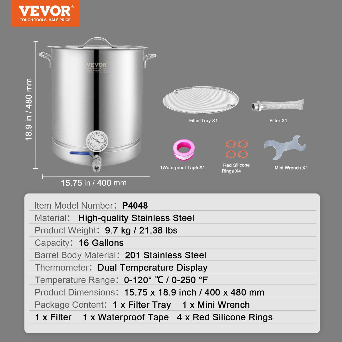 VEVOR Brewing Kettle 60 L with Three-Layer Bottom, Thermometer, Filter and Ball Valve, Stainless Steel