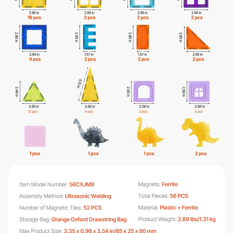 VEVOR magnētisko kluču komplekts, 56 gab., dzīvnieku un dinozauru tematika; magnētiskie būvkluču elementi bērniem, STEM sensorā izglītojošā rotaļlieta bērniem no 3 gadu vecuma