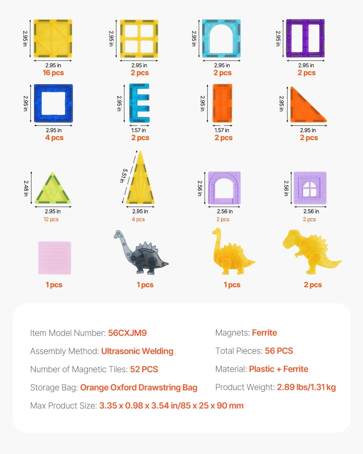 VEVOR magnētiskie kluči 56 gab. Dzīvnieki un dinozauri, STEM, no 3 gadiem