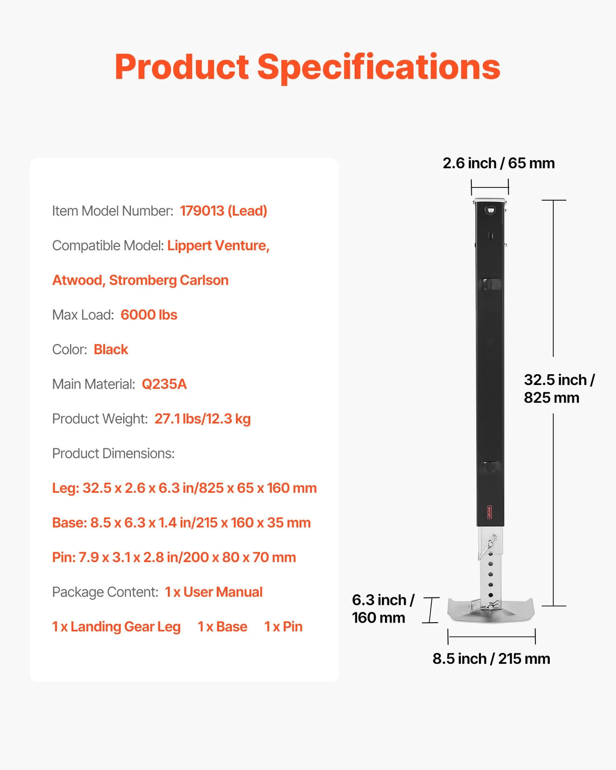VEVOR 5th Wheel Trailer Landing Gear Leg 179013, 825 mm, Universal Spare Support Leg Compatible with Lippert Venture, Atwood and Stromberg Carlson Systems, with Pin and Base, Black