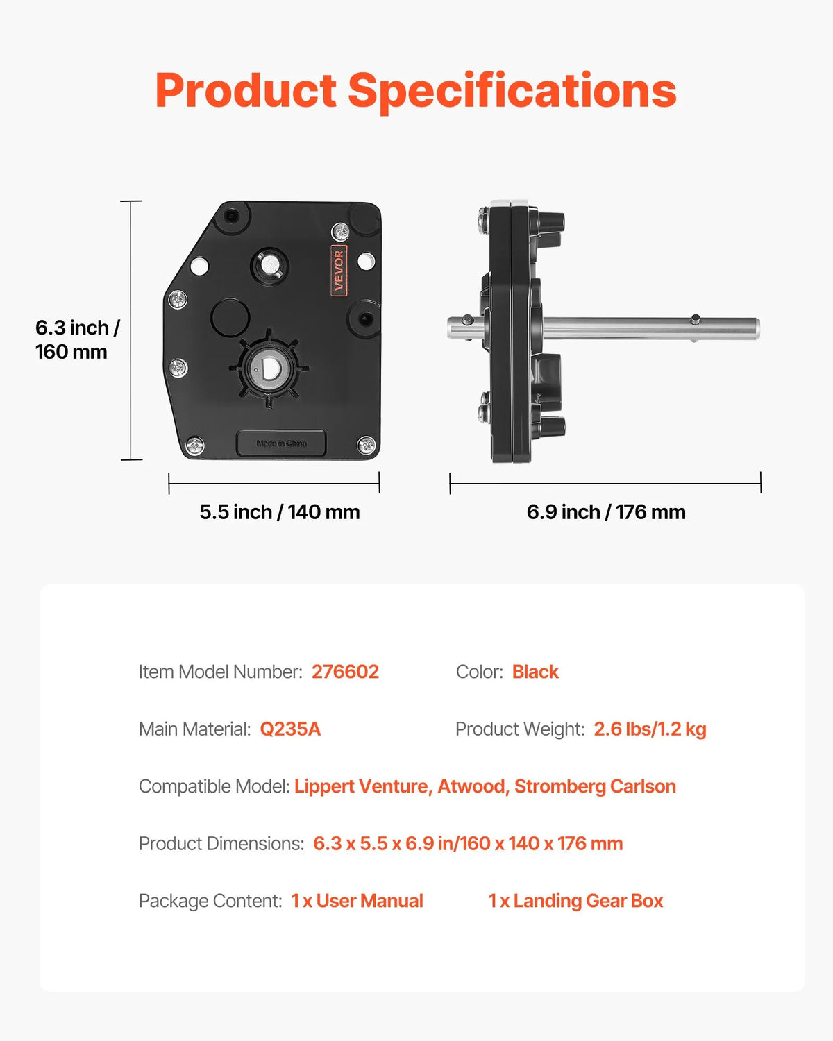 VEVOR 5th Wheel Trailer Landing Gear Gearbox 276602, Universal Steel Gearbox Compatible with Lippert Venture, Atwood and Stromberg Carlson Landing Gear Systems, LG-179015 Replacement, Adjustable Height, Black