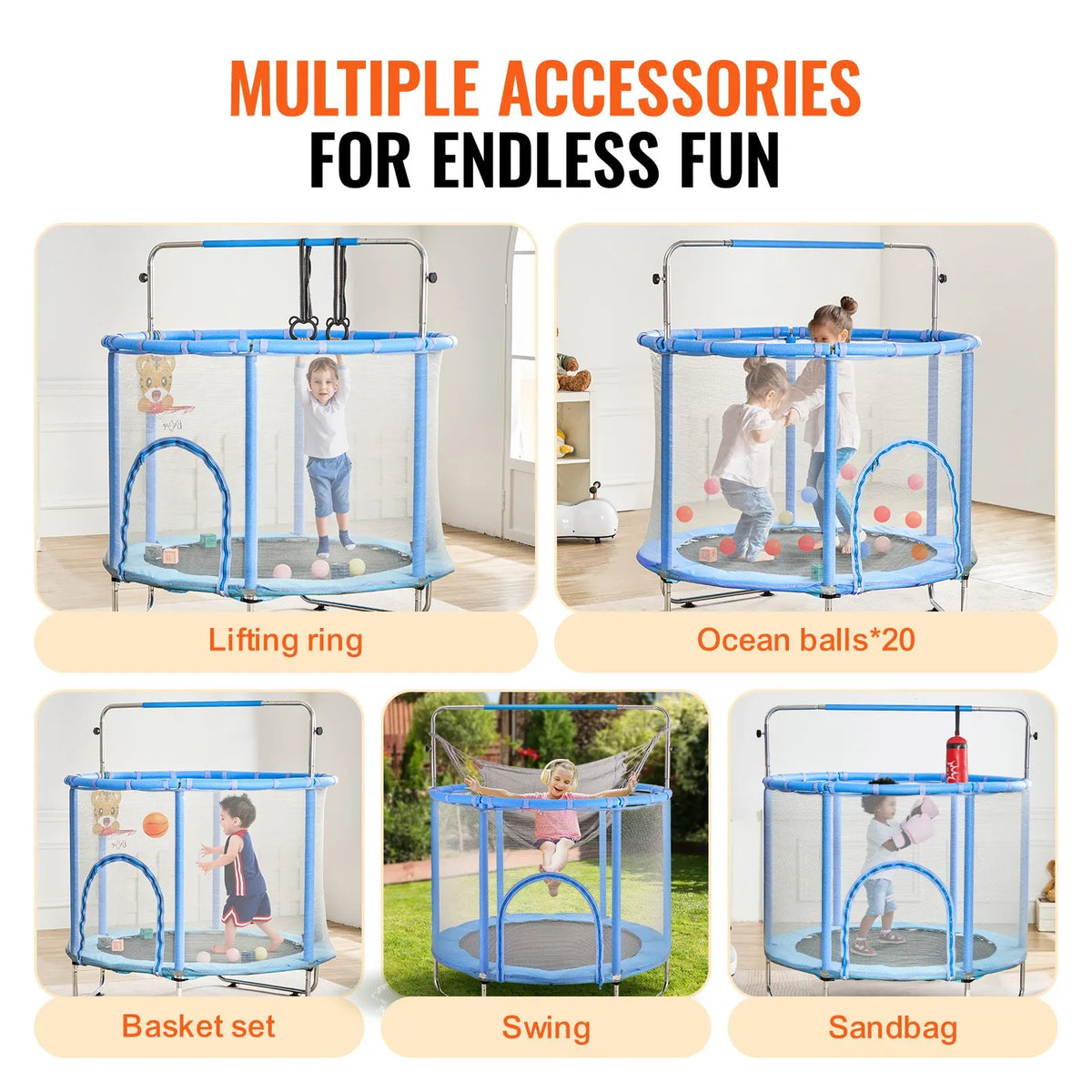VEVOR Children's Trampoline with Safety Net, 140 cm, Indoor and Outdoor