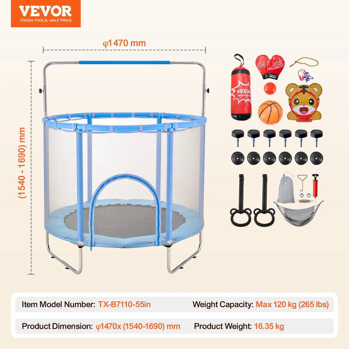 VEVOR Children's Trampoline with Safety Net, 140 cm, Indoor and Outdoor
