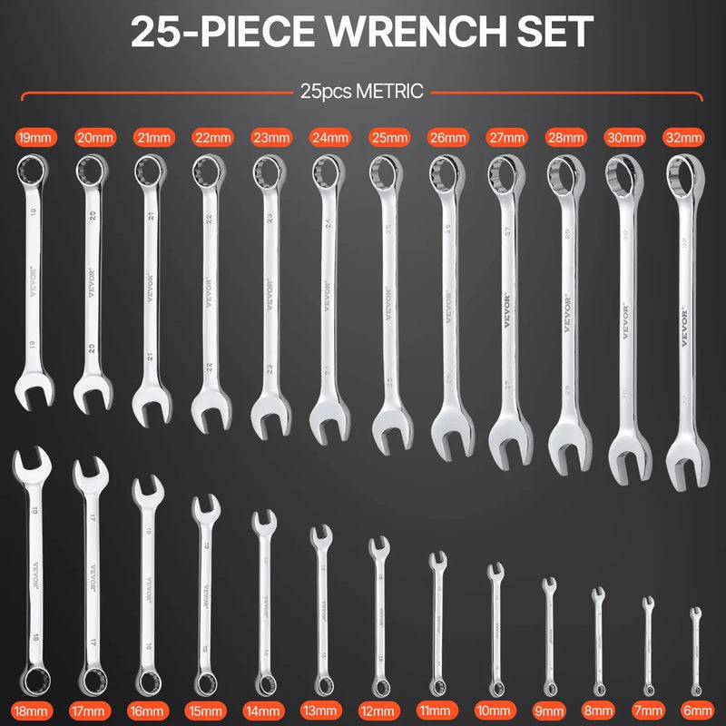 Kombinēto atslēgu komplekts, 25 gab. metriski, 6 mm līdz 32 mm ar sarullējamu maciņu