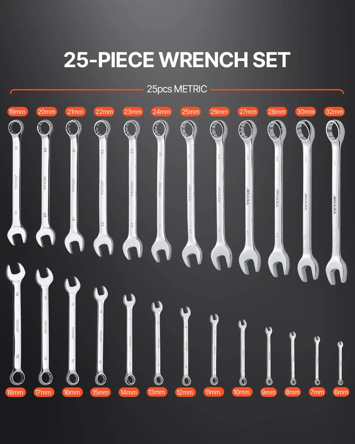 VEVOR 25-Piece Open-End Spanner Set with Storage Bag, Carbon Steel, Metric 6–32 mm, for Household Tasks, Garage, Workshop, Car Repair and Emergencies
