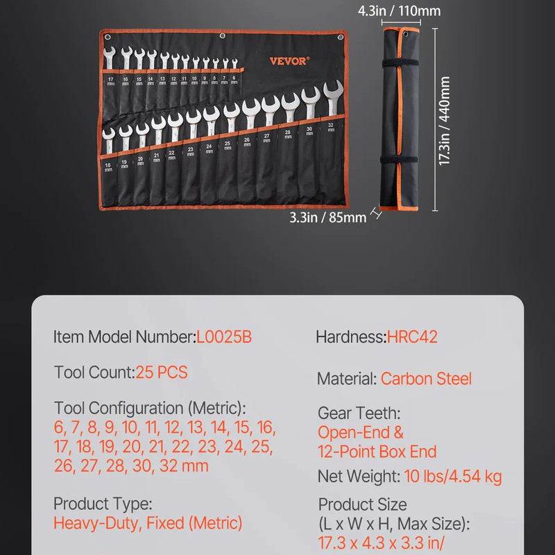 Kombinēto atslēgu komplekts, 25 gab. metriski, 6 mm līdz 32 mm ar sarullējamu maciņu