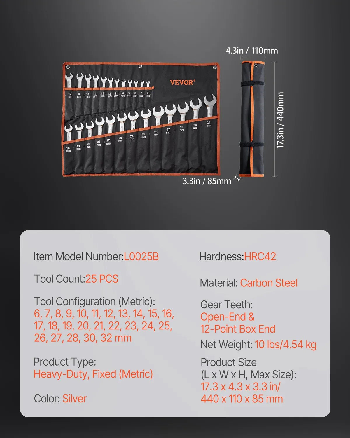 VEVOR 25-Piece Open-End Spanner Set with Storage Bag, Carbon Steel, Metric 6–32 mm, for Household Tasks, Garage, Workshop, Car Repair and Emergencies