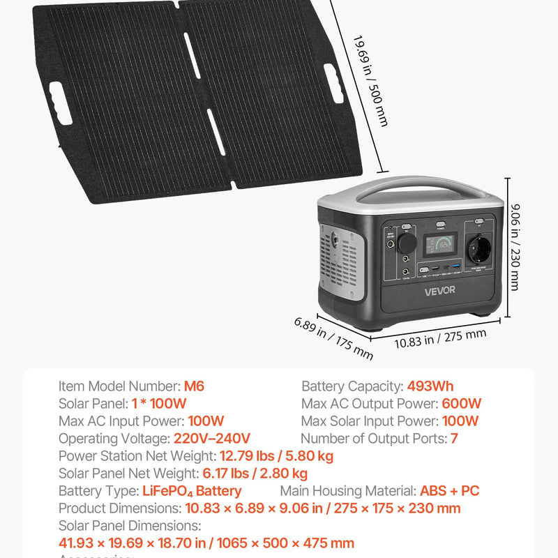 VEVOR portatīvā elektroenerģijas stacija ar 100 W saules paneli, 600 W saules ģenerators ar 493 Wh LiFePO4 akumulatoru un 7 izvades portiem mājas ārkārtas situācijām, kempingam un RV ceļojumiem - ZEMLETES.LV