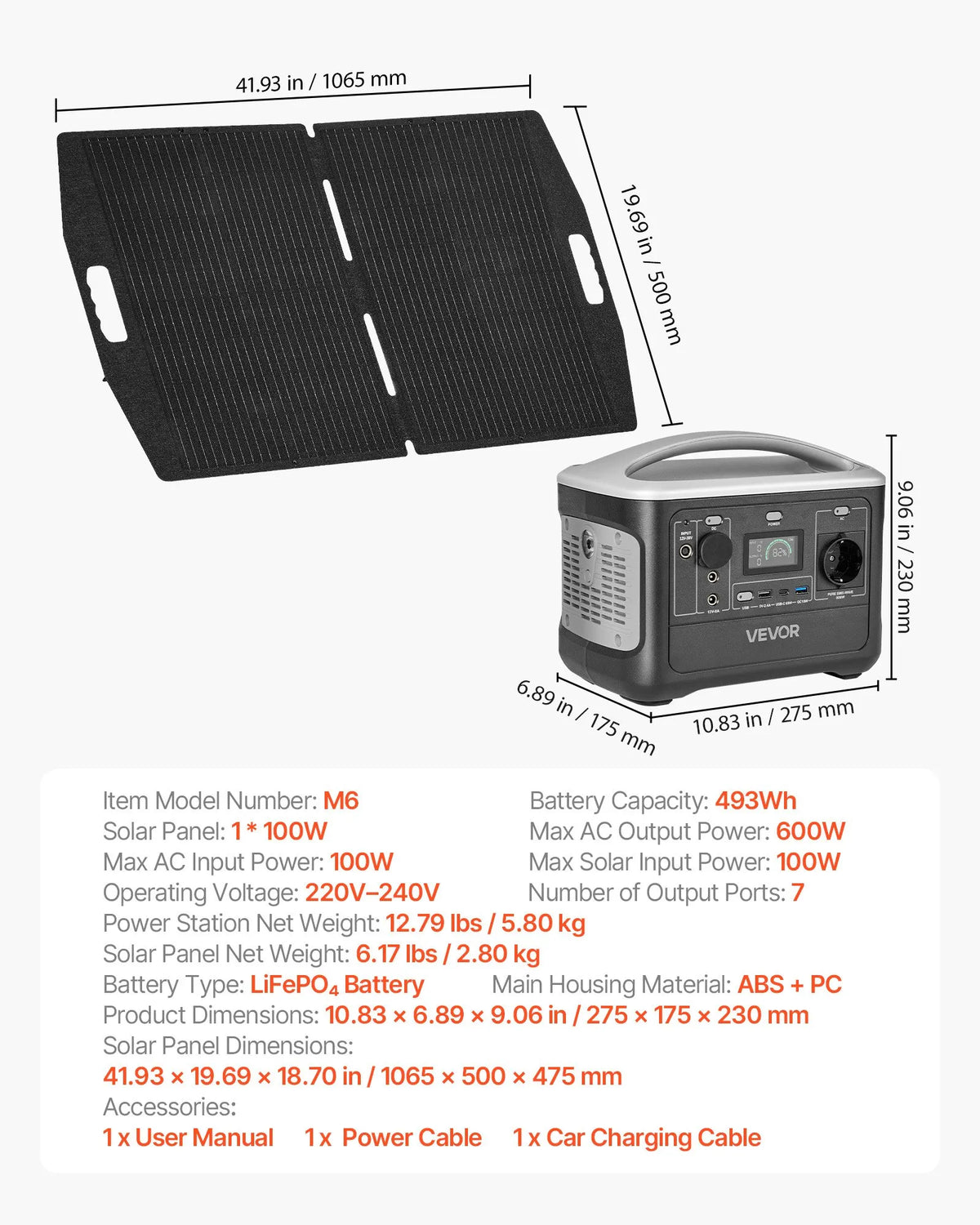 VEVOR portatīvā elektroenerģijas stacija ar 100 W saules paneli, 600 W saules ģenerators ar 493 Wh LiFePO4 akumulatoru un 7 izvades portiem mājas ārkārtas situācijām, kempingam un RV ceļojumiem - ZEMLETES.LV