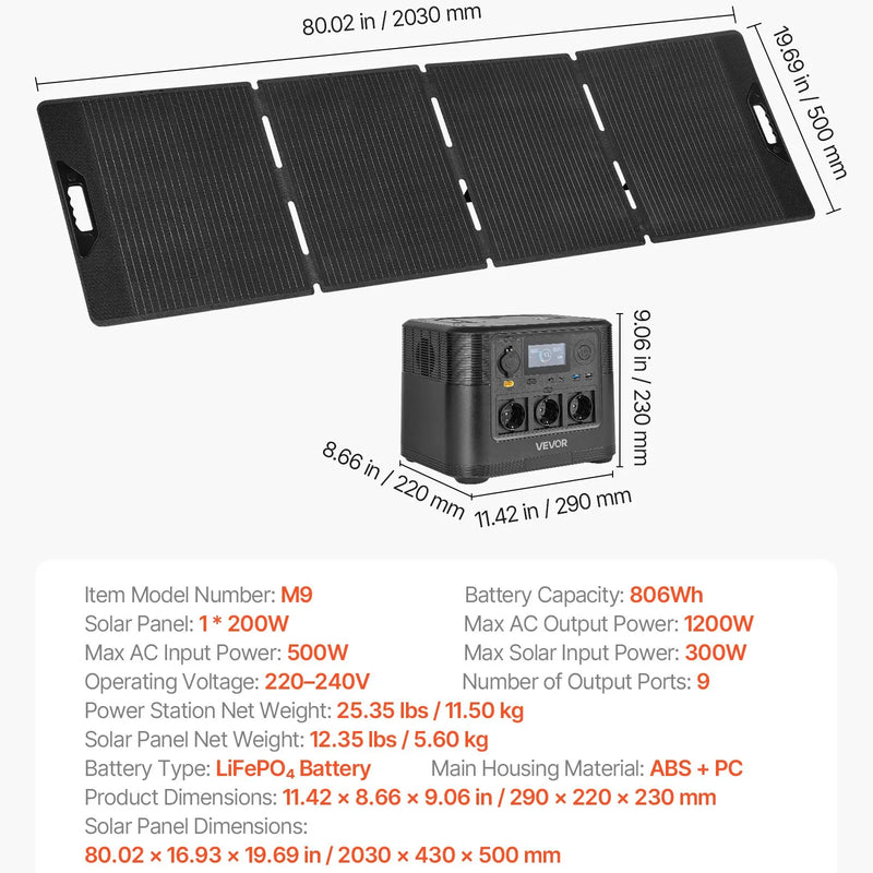 VEVOR portatīvā elektroenerģijas stacija ar 200 W saules paneli, 1200 W saules ģenerators ar 806 Wh LiFePO4 akumulatoru un 9 izvades portiem mājas avārijas situācijām, kempingam un RV ceļojumiem - ZEMLETES.LV