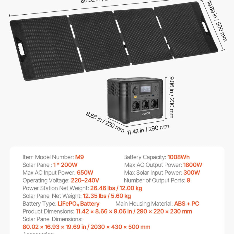 VEVOR portatīvā elektroenerģijas stacija ar 200 W saules paneli, 1800 W saules ģenerators ar 1008 Wh LiFePO4 akumulatoru un 9 izvades portiem mājas avārijas situācijām, kempingam un RV ceļojumiem