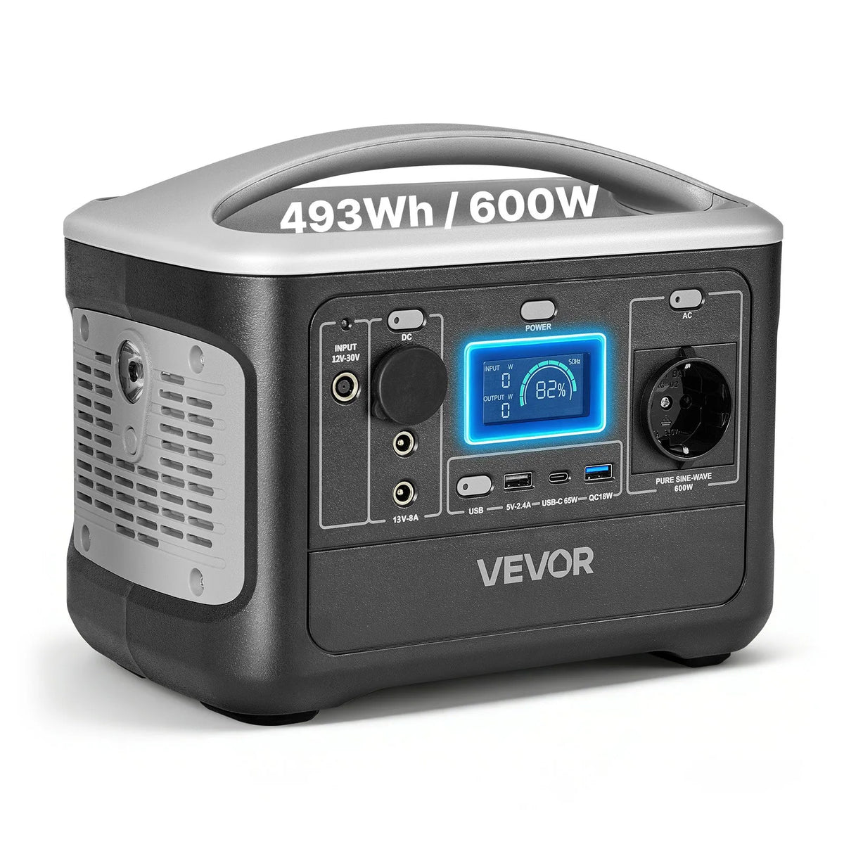 VEVOR pārnēsājama elektroenerģijas stacija 600 W ar 493 Wh LiFePO4 akumulatoru, saules ģeneratora akumulatoru stacija ar 7 izejas portiem mājas avārijas barošanai, kempingam un RV ceļojumiem (saules panelis nav iekļauts) - ZEMLETES.LV