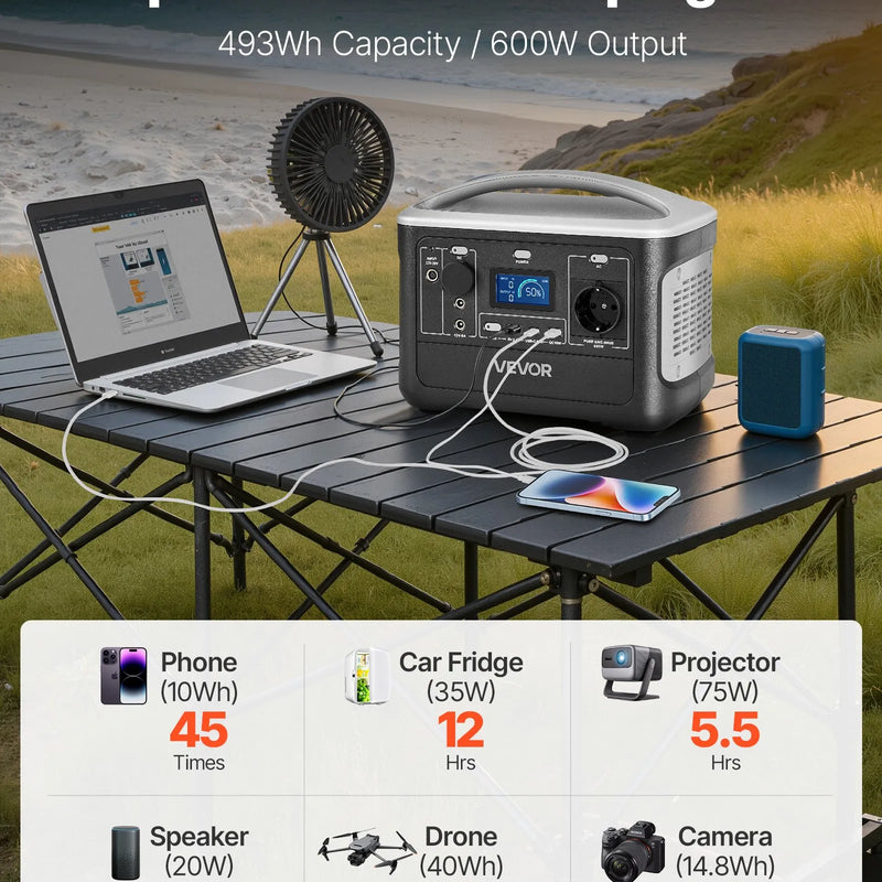 VEVOR pārnēsājama elektroenerģijas stacija 600 W ar 493 Wh LiFePO4 akumulatoru, saules ģeneratora akumulatoru stacija ar 7 izejas portiem mājas avārijas barošanai, kempingam un RV ceļojumiem (saules panelis nav iekļauts) - ZEMLETES.LV