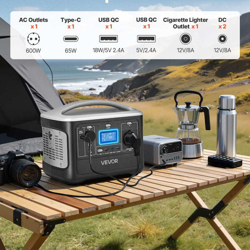 VEVOR pārnēsājama elektroenerģijas stacija 600 W ar 493 Wh LiFePO4 akumulatoru, saules ģeneratora akumulatoru stacija ar 7 izejas portiem mājas avārijas barošanai, kempingam un RV ceļojumiem (saules panelis nav iekļauts) - ZEMLETES.LV