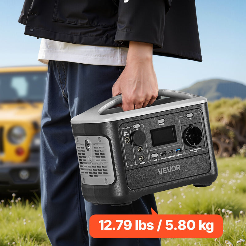VEVOR pārnēsājama elektroenerģijas stacija 600 W ar 493 Wh LiFePO4 akumulatoru, saules ģeneratora akumulatoru stacija ar 7 izejas portiem mājas avārijas barošanai, kempingam un RV ceļojumiem (saules panelis nav iekļauts) - ZEMLETES.LV