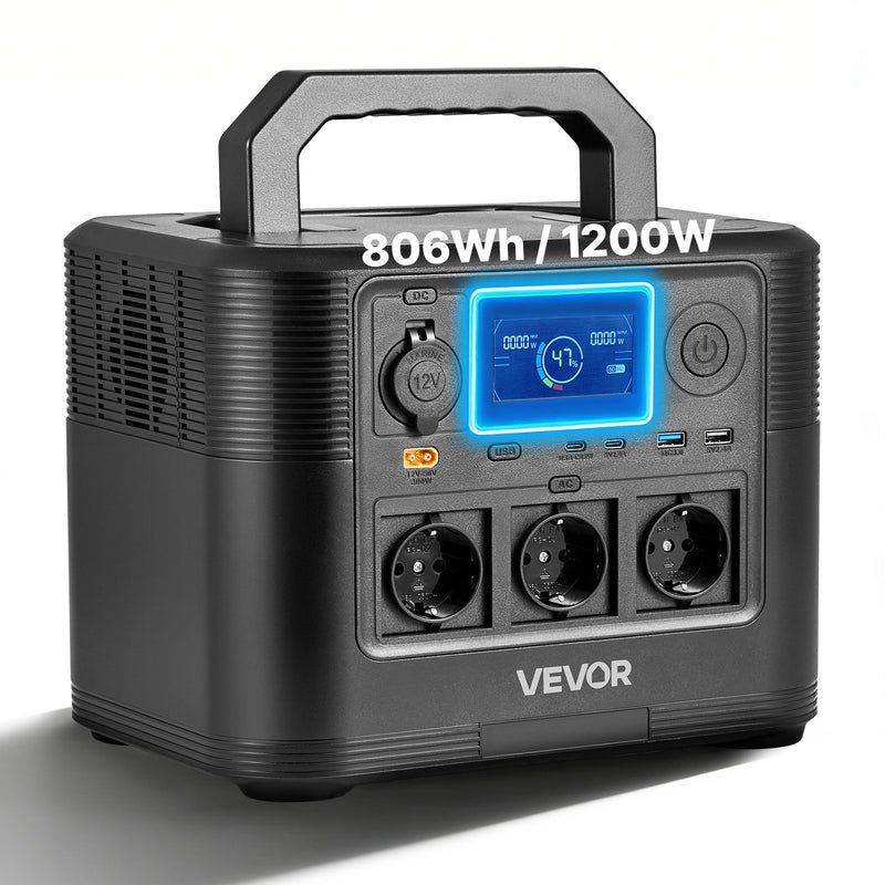 VEVOR pārnēsājama elektroenerģijas stacija 1200 W ar 806 Wh LiFePO4 akumulatoru, saules ģeneratora akumulatoru stacija ar 9 izejas portiem mājas avārijas barošanai, kempingam un RV ceļojumiem (saules panelis nav iekļauts) - ZEMLETES.LV