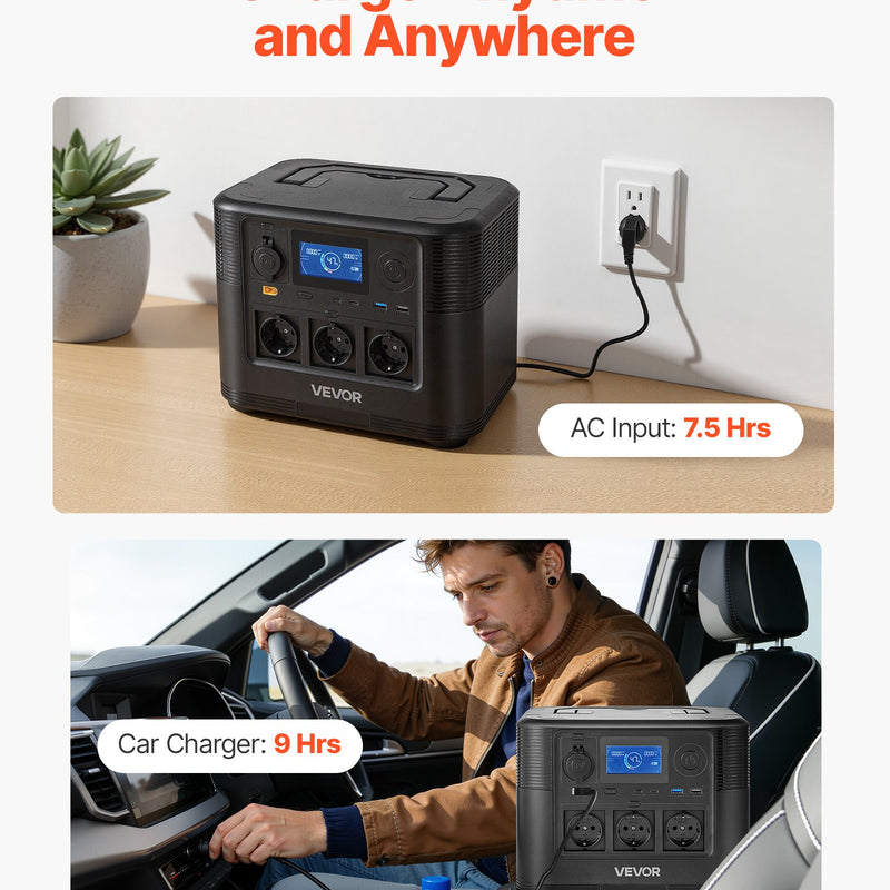 VEVOR pārnēsājama elektroenerģijas stacija 1200 W ar 806 Wh LiFePO4 akumulatoru, saules ģeneratora akumulatoru stacija ar 9 izejas portiem mājas avārijas barošanai, kempingam un RV ceļojumiem (saules panelis nav iekļauts) - ZEMLETES.LV