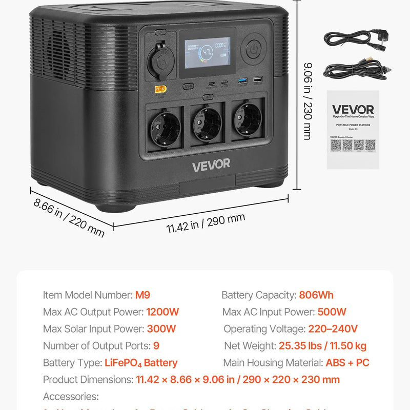 VEVOR pārnēsājama elektroenerģijas stacija 1200 W ar 806 Wh LiFePO4 akumulatoru, saules ģeneratora akumulatoru stacija ar 9 izejas portiem mājas avārijas barošanai, kempingam un RV ceļojumiem (saules panelis nav iekļauts) - ZEMLETES.LV