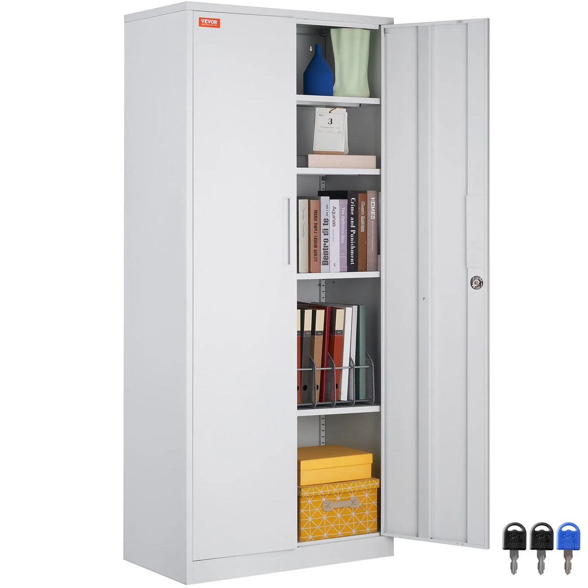 Metal Cabinet with 2 Magnetic Doors and 4 Adjustable Shelves, 180 cm, 90 kg Load Capacity per Shelf, with Lock and 3 Keys, for Office, Home, Garage, White