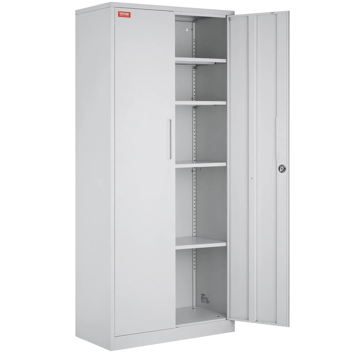 Metal Cabinet with 2 Magnetic Doors and 4 Adjustable Shelves, 180 cm, 90 kg Load Capacity per Shelf, with Lock and 3 Keys, for Office, Home, Garage, White